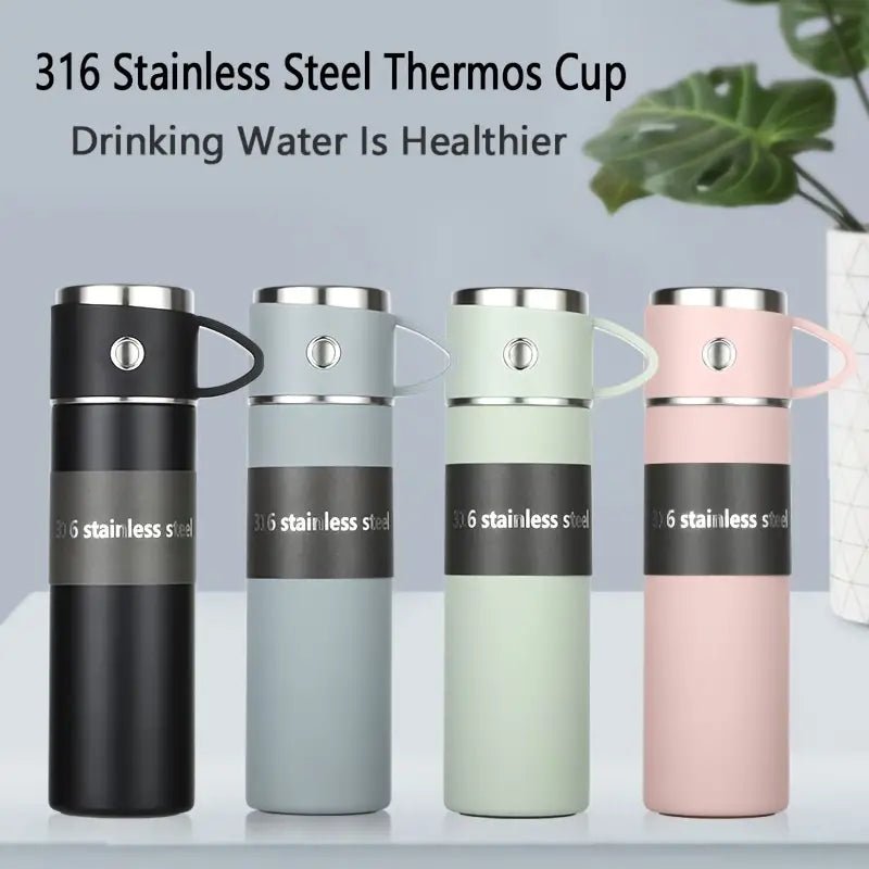 16.91oz double wall stainless steel thermal mug with black lid, designed for hot and cold beverages.