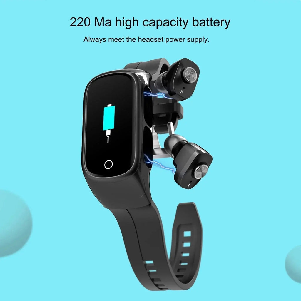 My Store 2-in-1 smart watch and wireless earbuds fitness combo, showing sleek wearable devices with digital displays and earbuds.