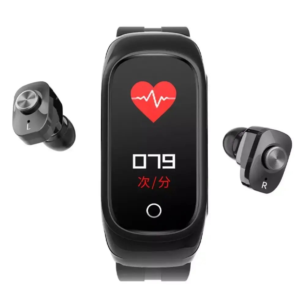My Store 2-in-1 smart watch and true wireless earbuds for fitness tracking, showing the sleek smartwatch with earbuds nearby.
