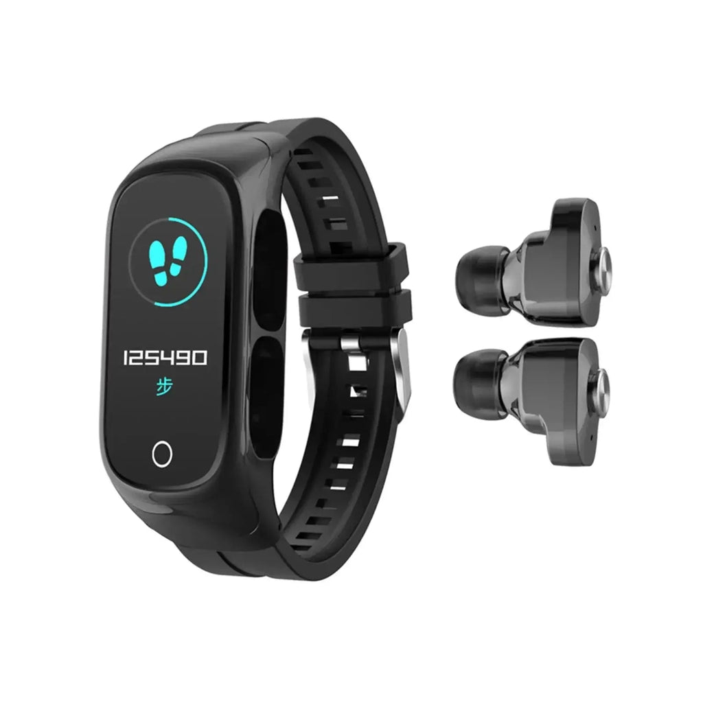 My Store 2-in-1 smart watch and wireless earbuds fitness combo, showing a sleek black smart watch and compact true wireless earbuds.