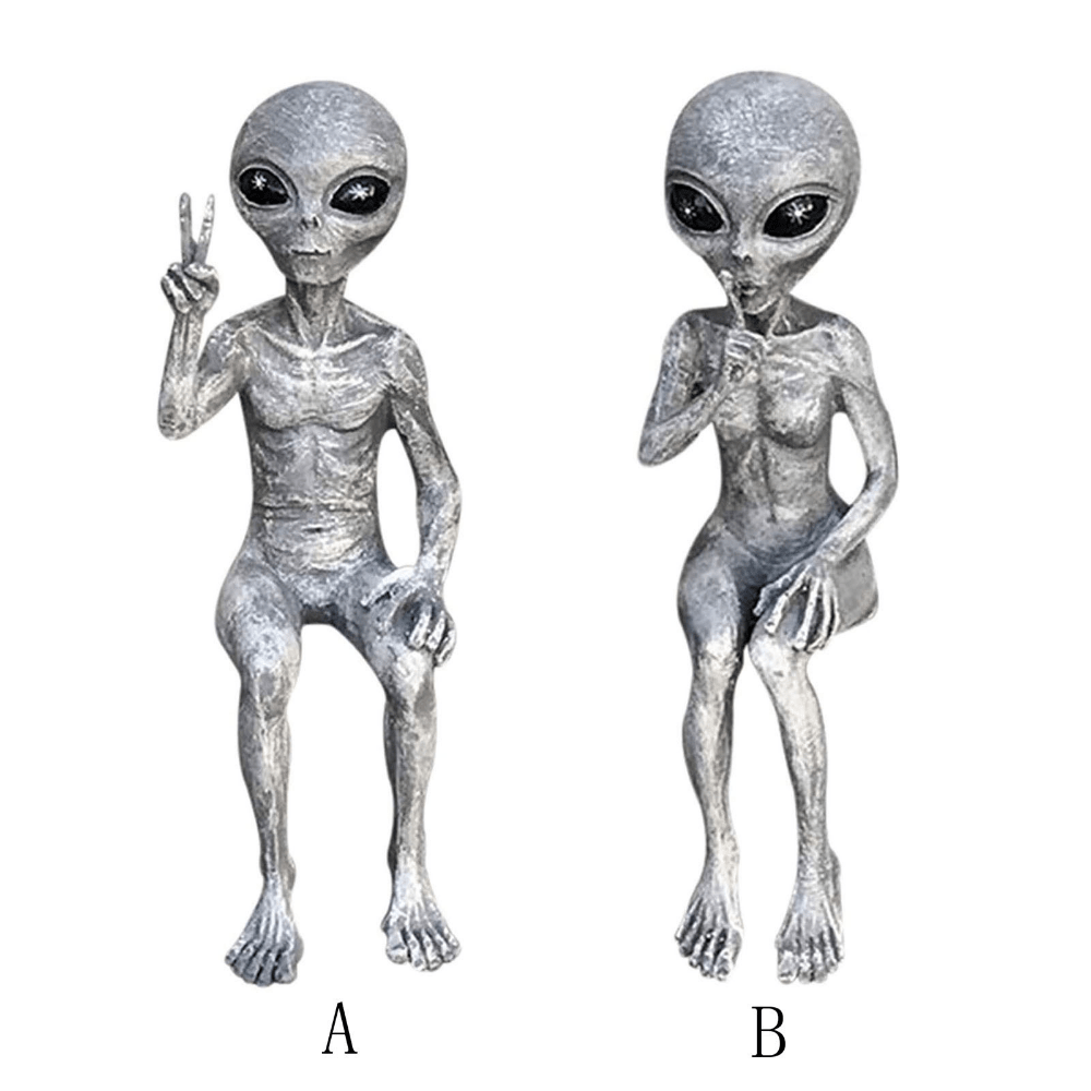 Alien statue garden figurine set for indoor and outdoor decor, featuring detailed, green alien characters for whimsical yard or garden display.
