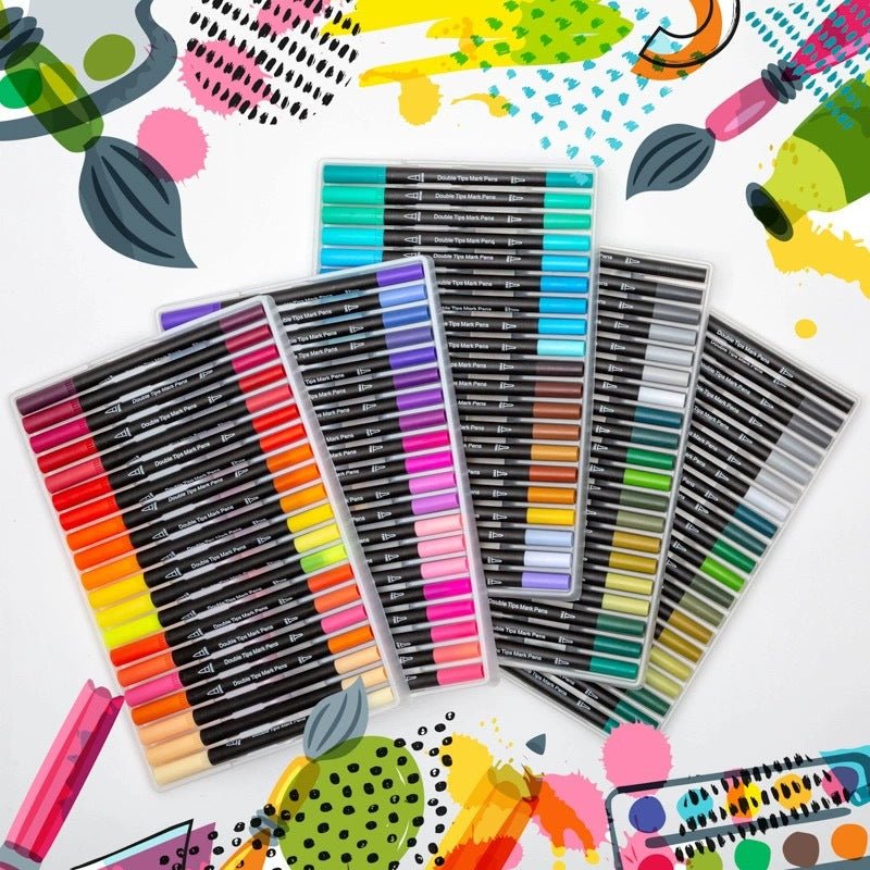 Dual-head watercolor markers set with 24 vibrant colors, featuring pigment markers perfect for art and illustration.
