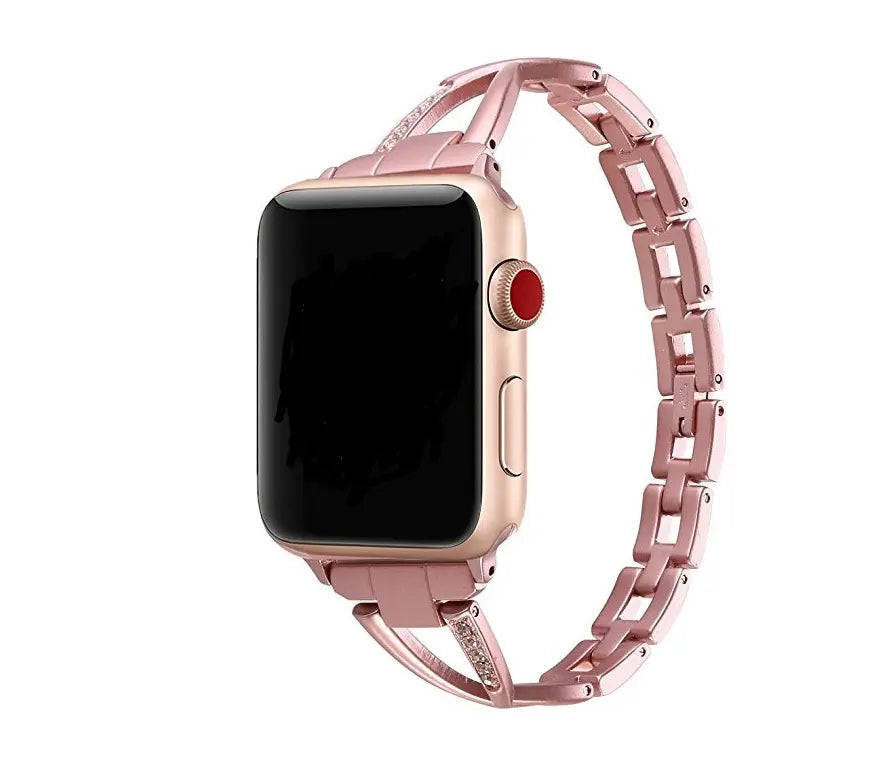Stainless steel Apple Watch band with diamond accents, X-Type design, featuring a polished finish and secure clasp.