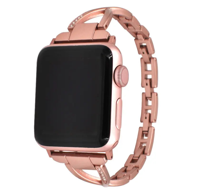 Stainless steel Apple Watch band with diamonds, X-Type design, featuring polished links and sparkling gemstone accents.