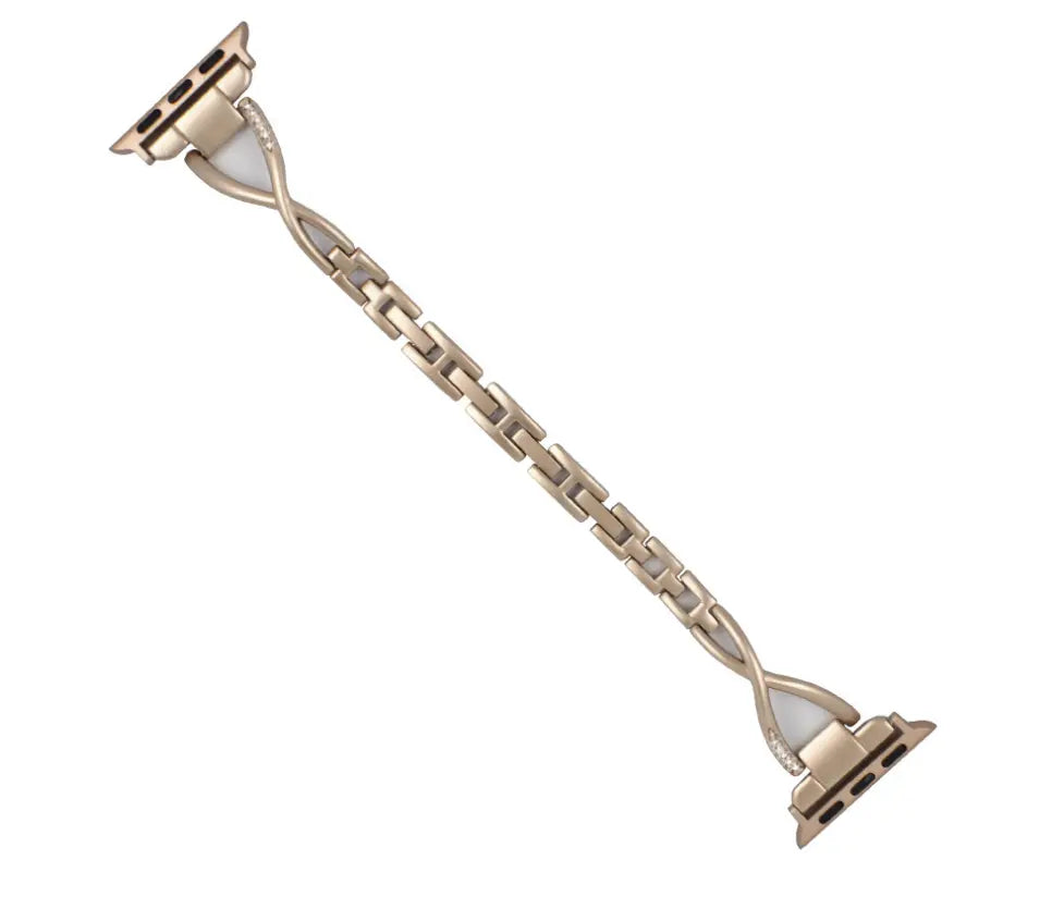 Stainless steel Apple Watch band with X-Type design and diamond accents, stylish and elegant accessory for Apple Watch.