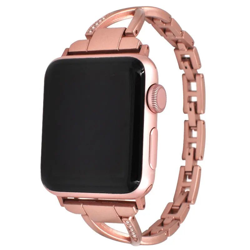 Stainless steel Apple Watch band with X-Type design and embedded diamonds, showcasing a luxurious and elegant accessory.
