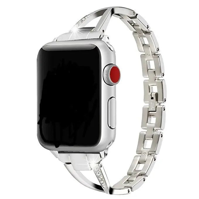 Stainless steel Apple Watch X-Type band with embedded diamonds, designed for a stylish and luxurious look.