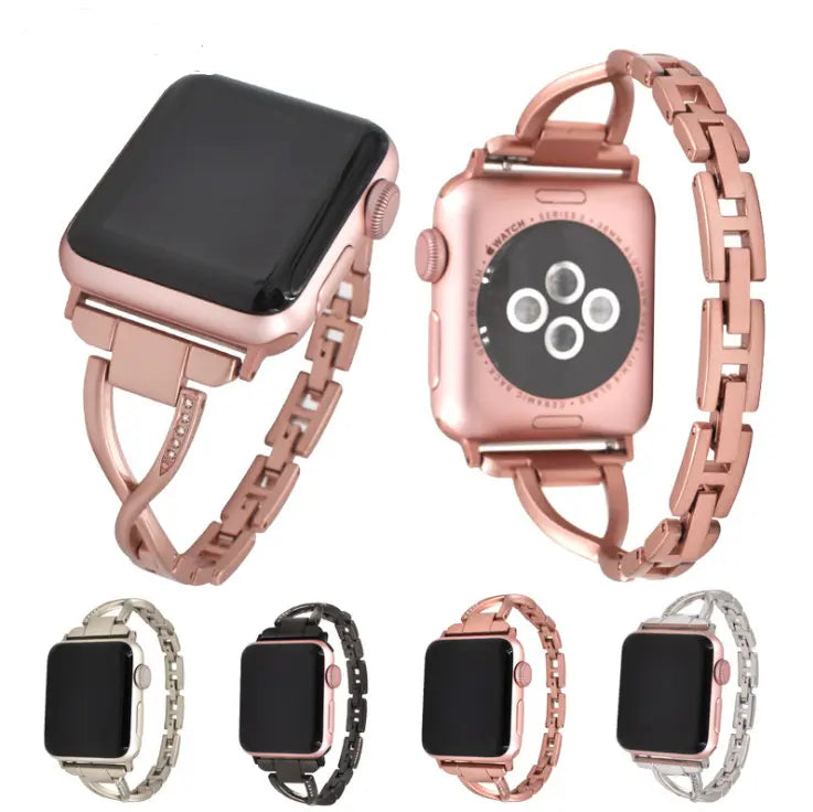 Stainless steel Apple Watch band with diamond accents, X-Type design, showcasing elegant jewelry-inspired accessory.