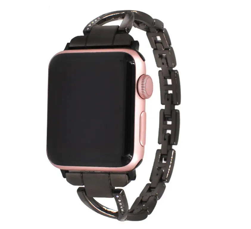 Stainless steel Apple Watch band with diamonds, X-Type design, featuring a sleek and elegant look for Apple Watch models.