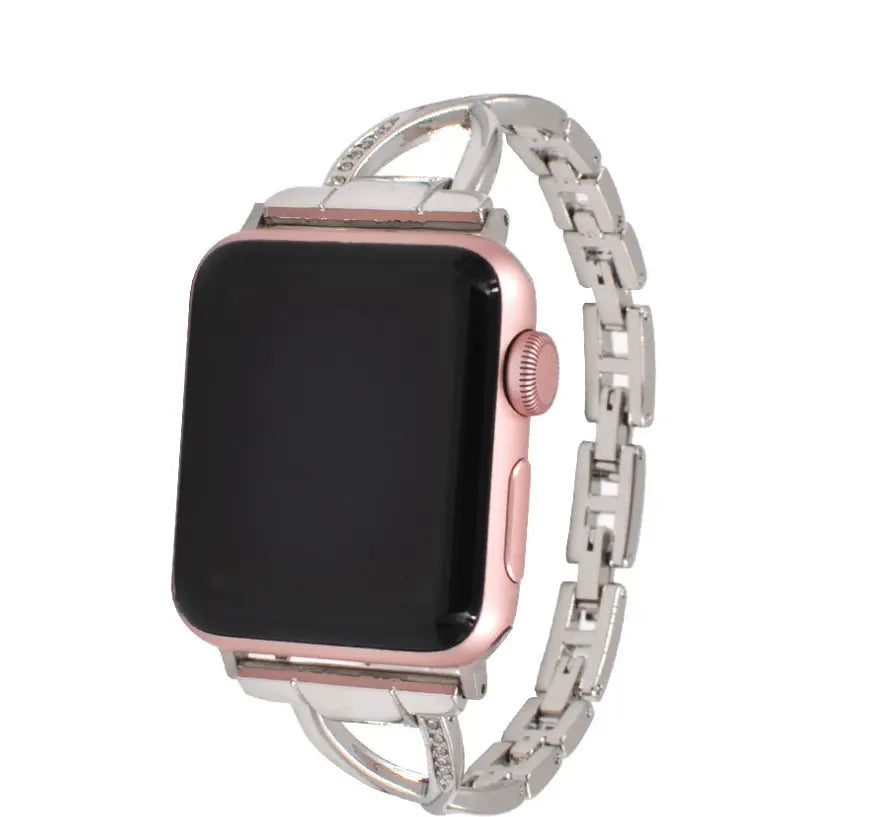 Apple Watch X-Type stainless steel band with embedded diamonds, elegant accessory for Apple Watch series.