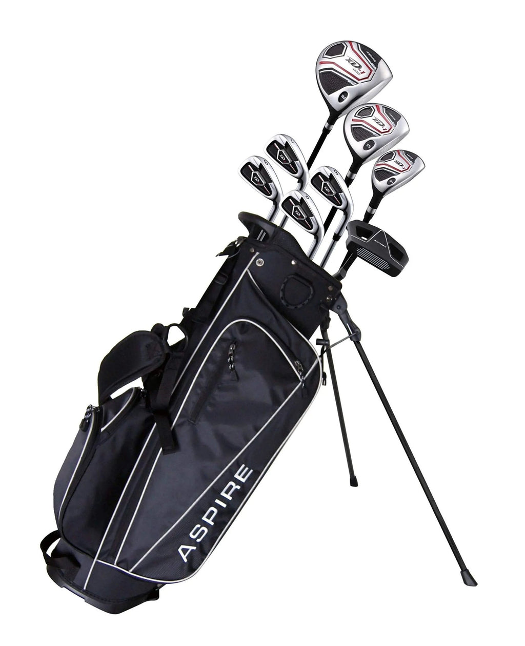 Aspire XD1 Teenager golf set with driver, fairway, hybrid, irons, wedge, putter, stand bag for ages 13-16, right-handed, height 51-56 inches.