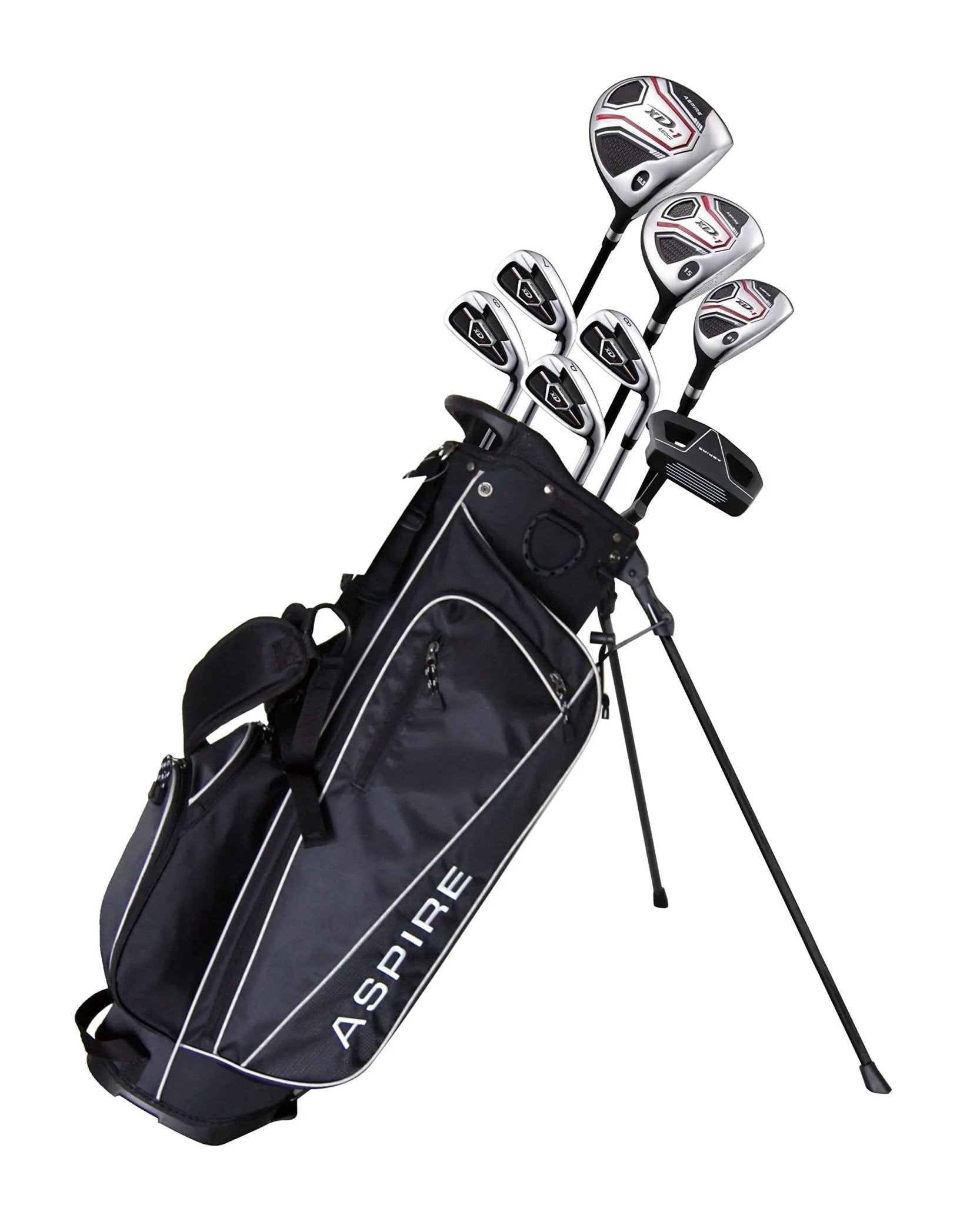 Aspire XD1 Teenager golf set with driver, hybrid, irons, wedge, putter, stand bag for ages 13-16, right-handed, height 51-56 inches.