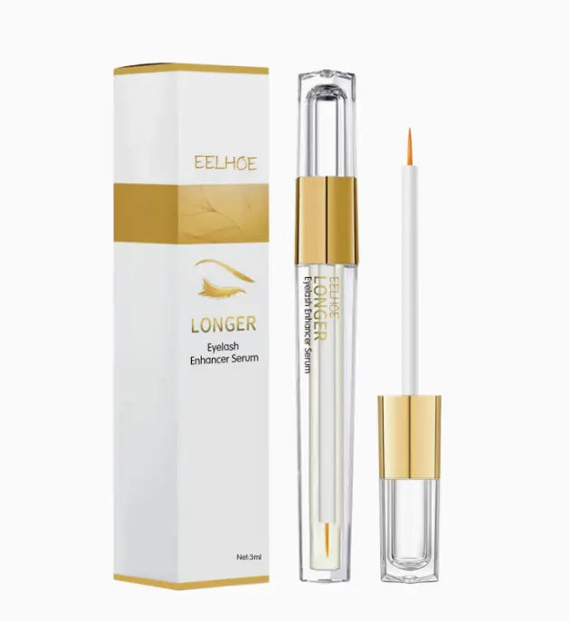 AuQuest eyelash serum bottle for length and volume enhancement, featuring a sleek design and applicator brush.