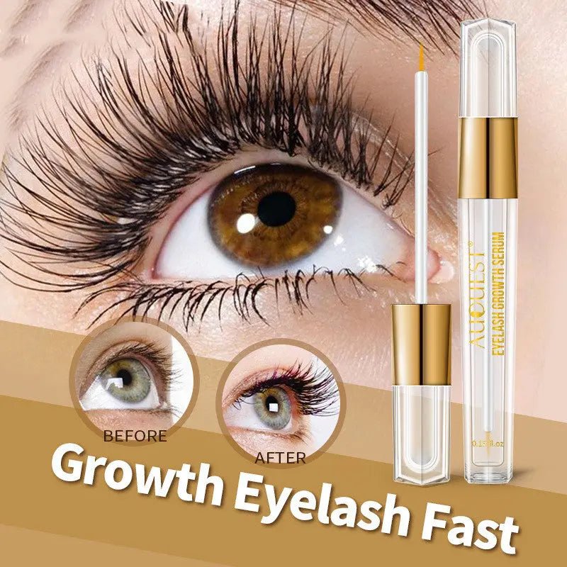 AuQuest eyelash serum bottle with applicator, designed to enhance length and volume of eyelashes.
