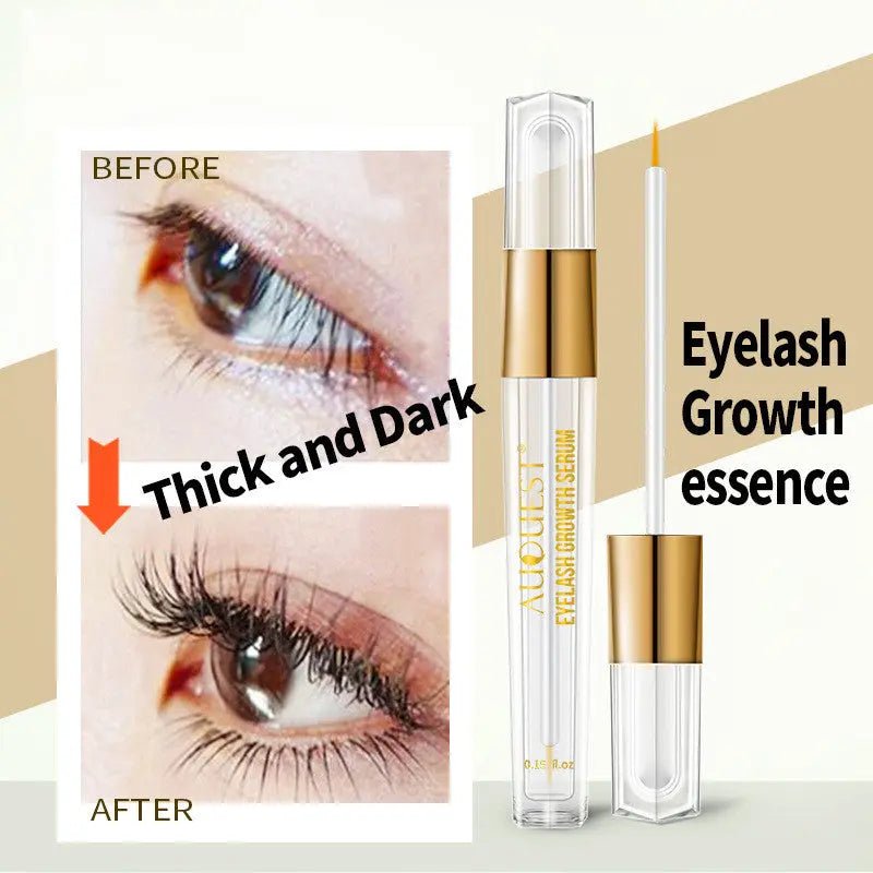 AuQuest eyelash serum for length and volume, featuring a sleek applicator brush and clear liquid formula for enhanced lash growth.