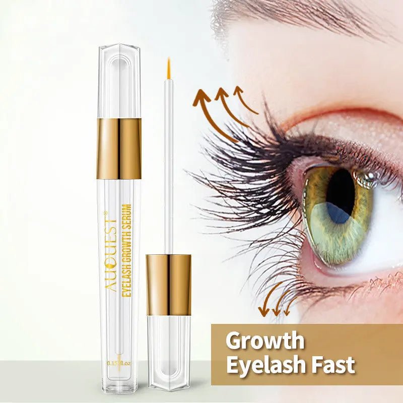 AuQuest eyelash serum bottle for length and volume, featuring a sleek design and applicator brush for eyelash enhancement.