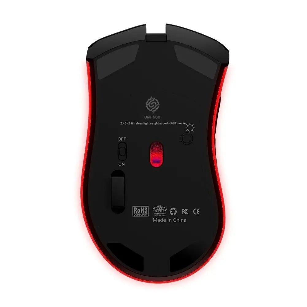 My Store BM600 rechargeable wireless RGB gaming mouse for PC, showing ergonomic design with customizable RGB lighting.