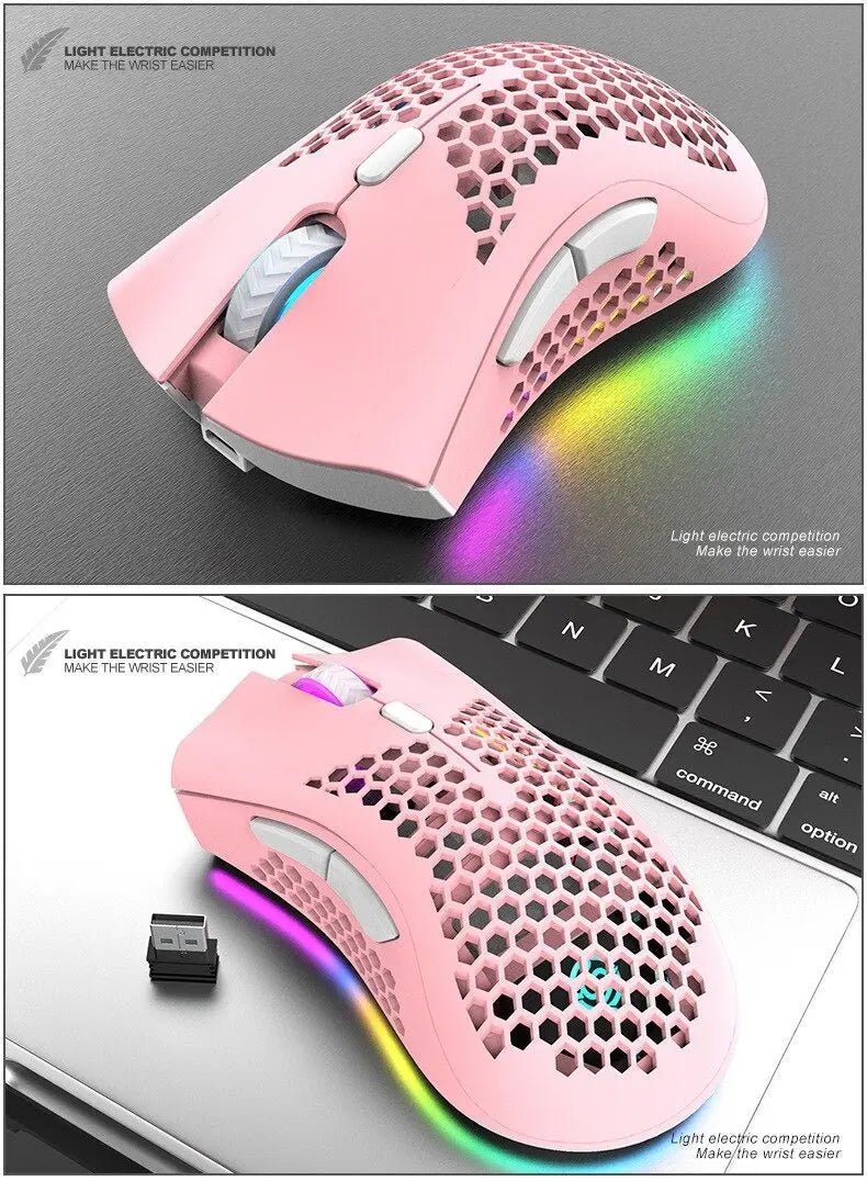Rechargeable wireless RGB gaming mouse for PC in black with customizable lighting and ergonomic design.
