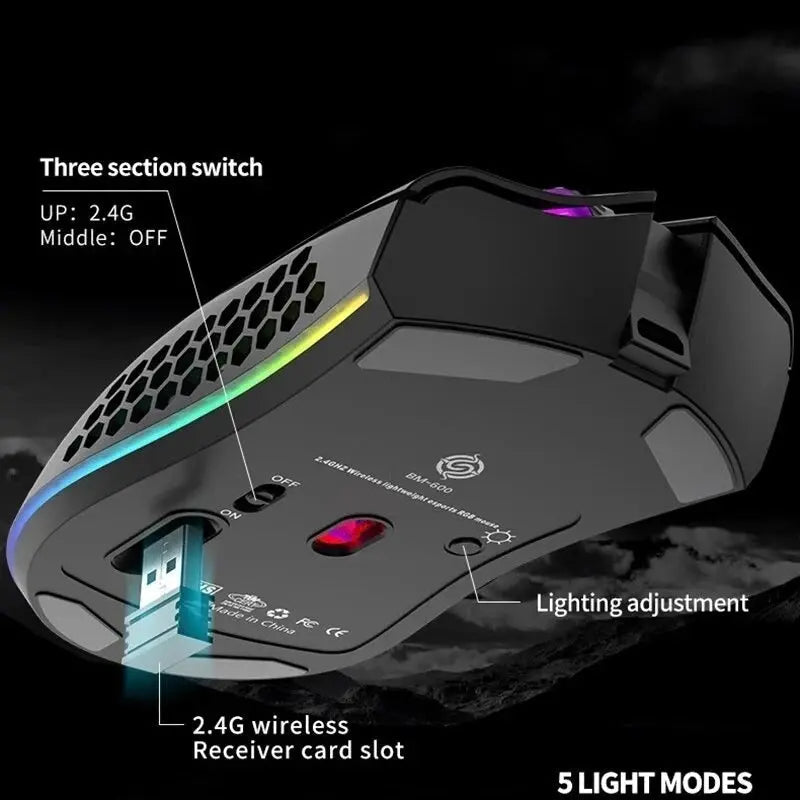 My Store BM600 rechargeable wireless RGB gaming mouse for PC, with ergonomic design and customizable lighting.