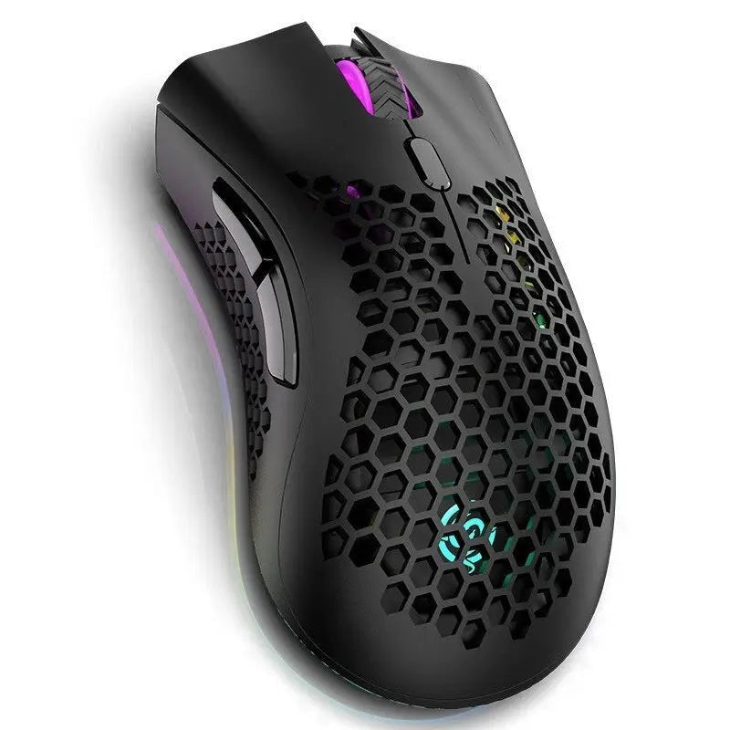 Rechargeable wireless RGB gaming mouse for PC in black with customizable lighting and ergonomic design.