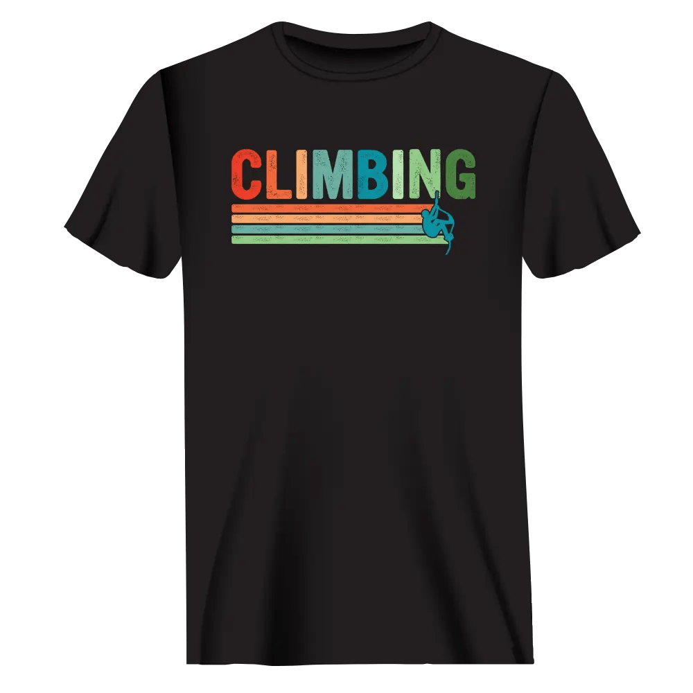Black Climbing Man T-Shirt from My Store featuring a mountain climber graphic on soft cotton fabric.