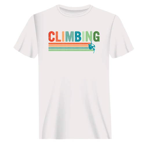 Climbing Man T-Shirt by My Store featuring a graphic of a climber on a mountain, casual fit, soft fabric, perfect for outdoor enthusiasts.