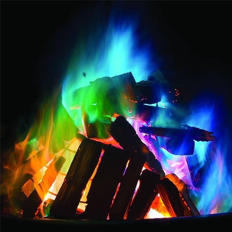Bright orange and blue colored flame powder in a 25g pack, ideal for creating vibrant flames at parties and events.