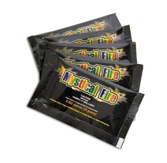 Brightly colored flame powder in a 25g pack, used for creating vibrant fire effects at parties and events
