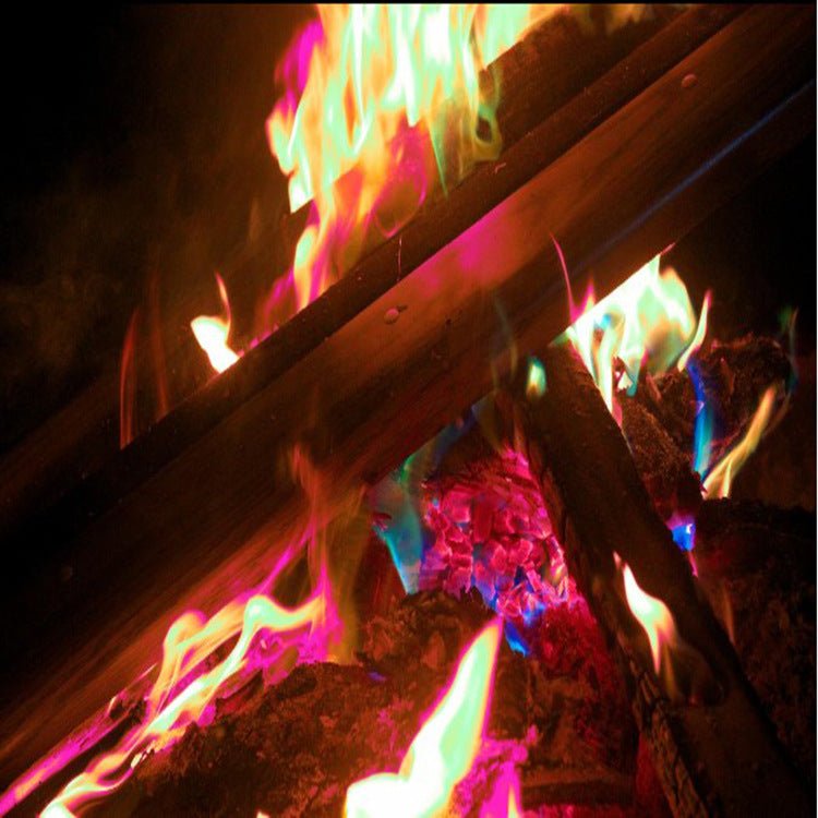 Colorful flame powder in a 25g pack, ideal for parties and events, with vibrant hues and a fiery appearance.