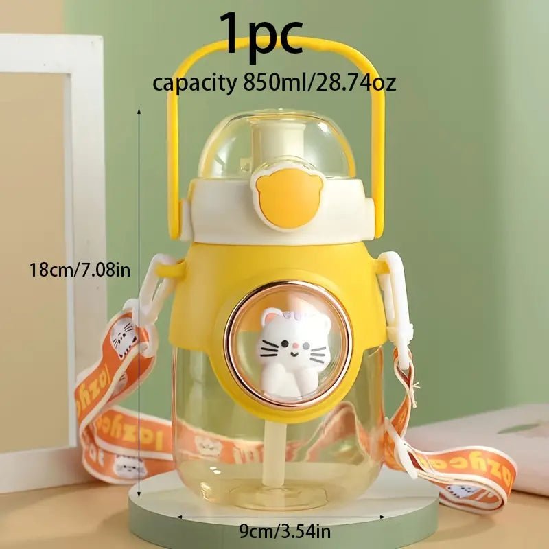 Cute summer water bottle with straw for students, 7.08 inches tall, featuring a colorful design and ergonomic grip.