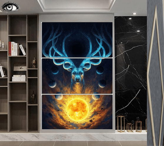 Deer Sun Canvas Wall Art for home decoration featuring a deer silhouette against a sun background, ideal for modern interior decor.