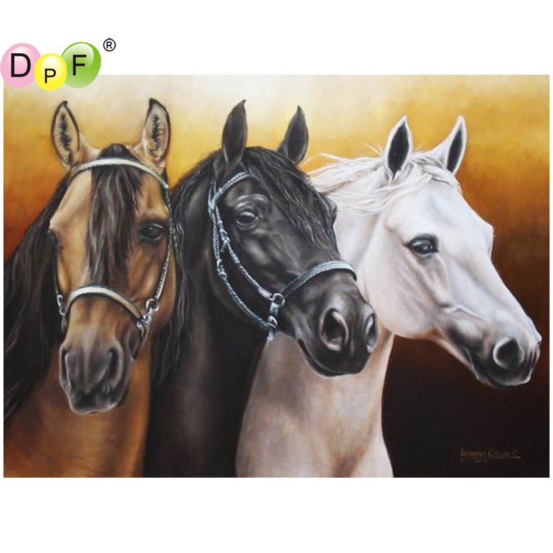Diamond painting of three horses cross stitch artwork showing detailed horses in natural setting, vibrant colors and intricate design.