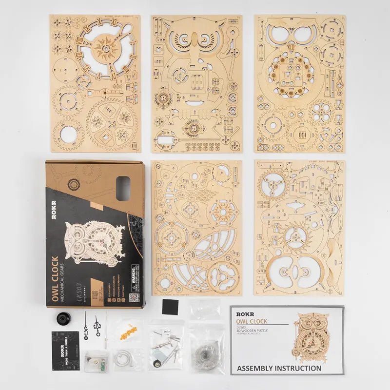 Wooden mechanical owl clock model for home decor, featuring intricate DIY design and natural wood finish.