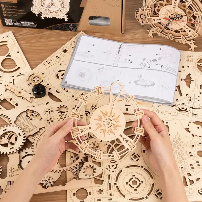Wooden mechanical owl clock model for home decor, featuring intricate DIY design and natural wood finish.