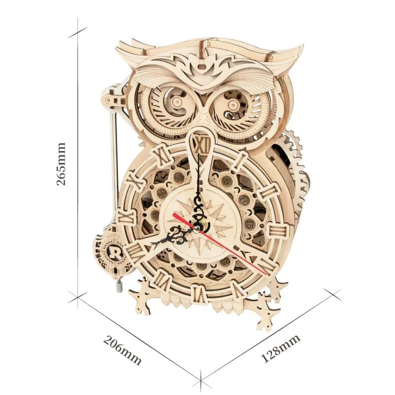 Wooden mechanical owl clock model for home decor, featuring intricate DIY design and natural wood finish.