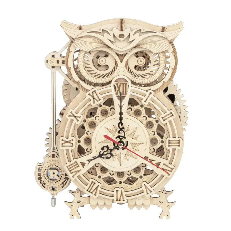 Wooden mechanical owl clock model for home decor, showcasing intricate DIY design and craftsmanship with natural wood finish.