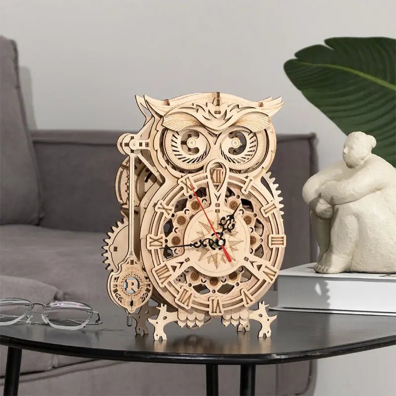 Wooden mechanical owl clock model for home decor, featuring intricate DIY design and natural wood finish.