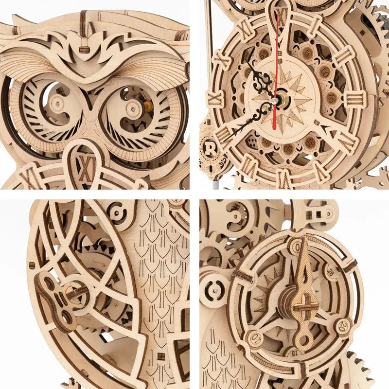 Wooden mechanical owl clock model for home decor, featuring intricate DIY design and detailed craftsmanship.