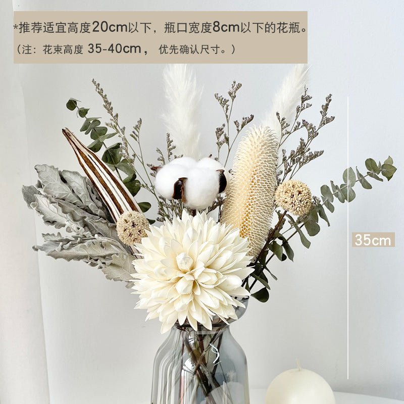 Dried flower bouquet decoration for living room DIY project, featuring colorful, natural dried flowers arranged in a decorative bundle.
