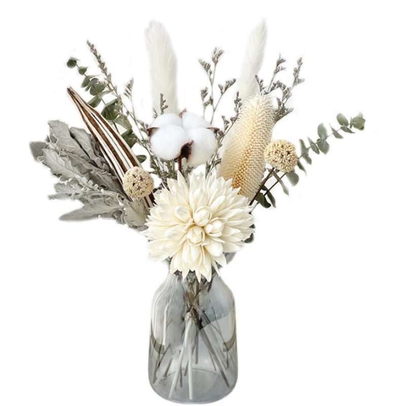 Dried flower bouquet decoration for living room DIY, featuring colorful preserved flowers and greenery in a rustic arrangement.