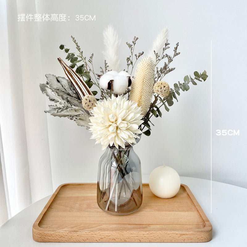 Dried flower bouquet decoration for living room DIY project with a mix of colorful preserved flowers and greenery.