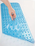 Extra large blue non-slip bath mat with suction cups for secure grip and safety in the bathroom.