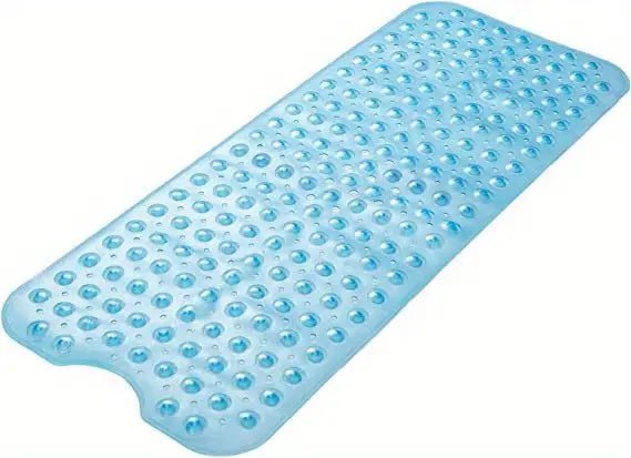 Extra large blue non-slip bath mat with suction cups for safe, secure grip in the shower or bathtub.