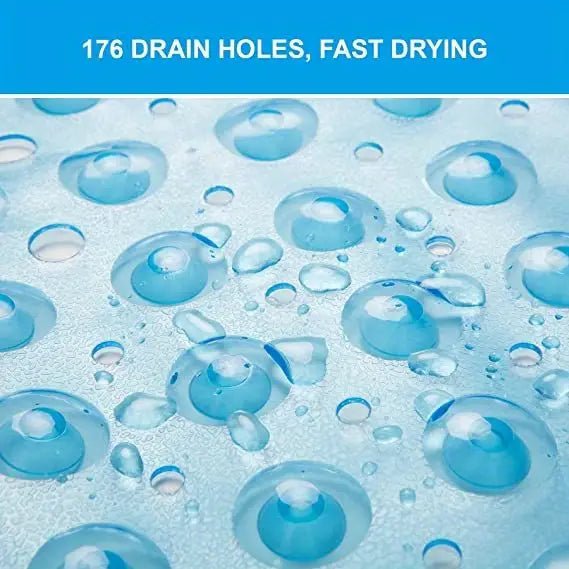 Extra large blue non-slip bath mat with suction cups for safety and comfort in the shower or bathtub.
