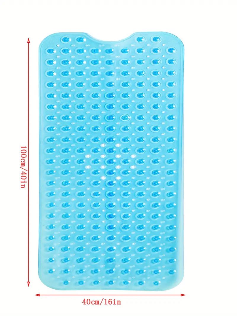 Extra large blue non-slip bath mat with suction cups for safety and comfort in the shower or bathtub.