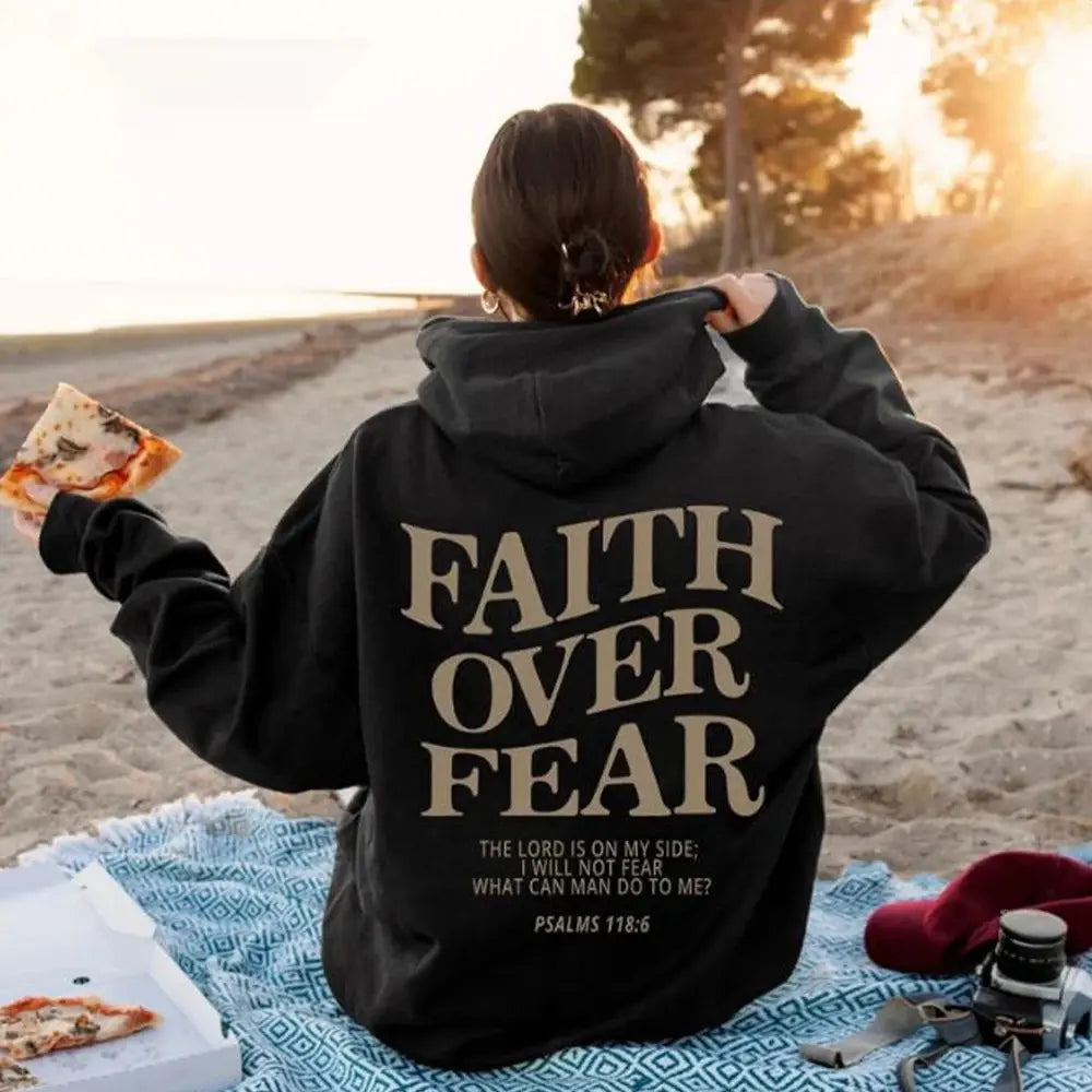 Black Faith Over Fear hoodie by My Store, featuring bold white lettering and comfortable sweatshirt fabric.