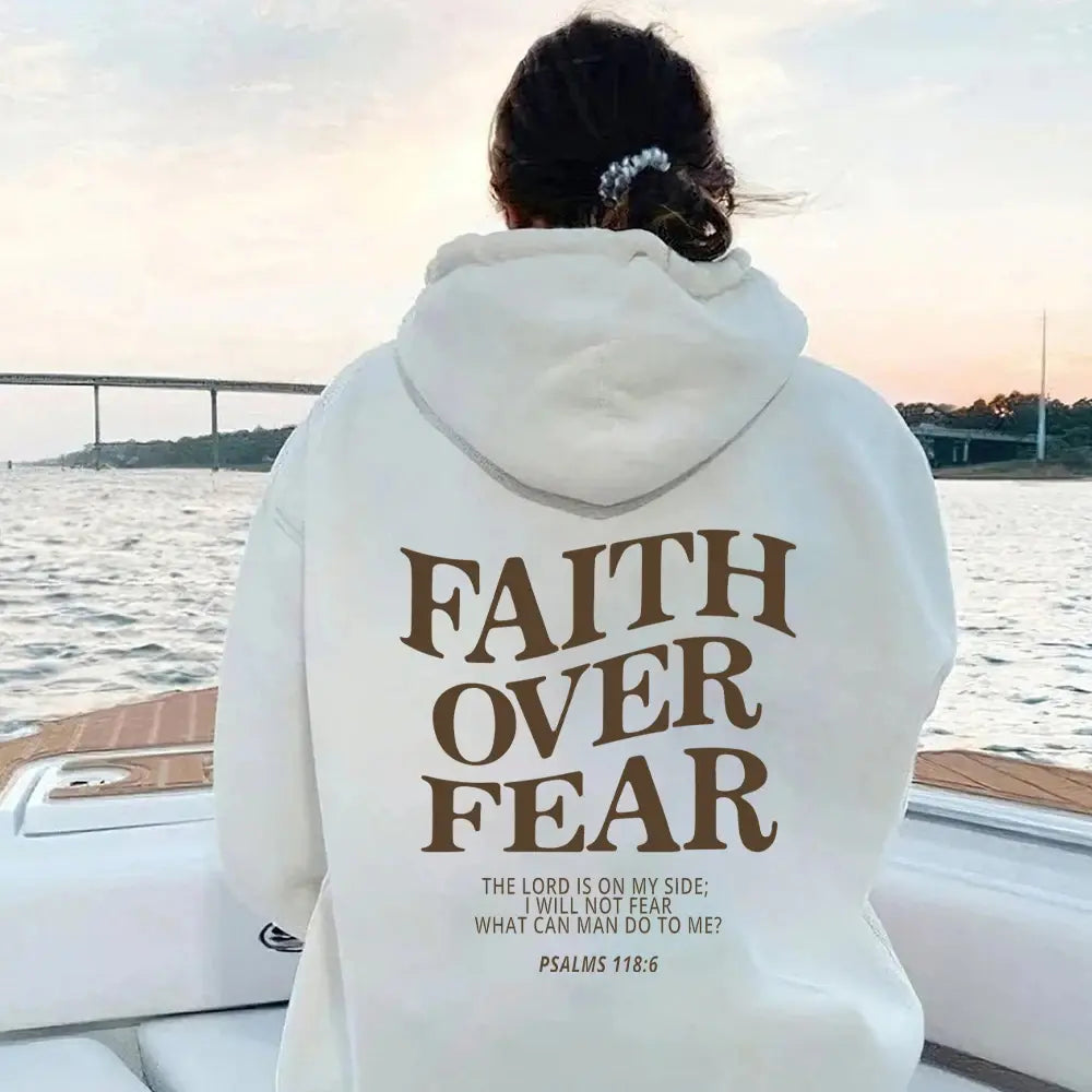 Gray Faith Over Fear hoodie by My Store featuring bold white lettering and a relaxed fit on a plain background.