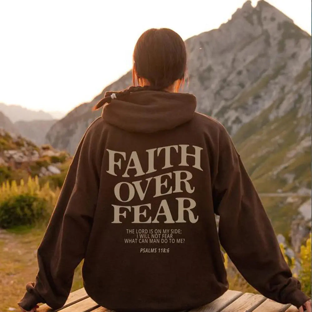 Gray Faith Over Fear hoodie with bold white text, comfortable fit, and casual style, perfect for inspiring and everyday wear.