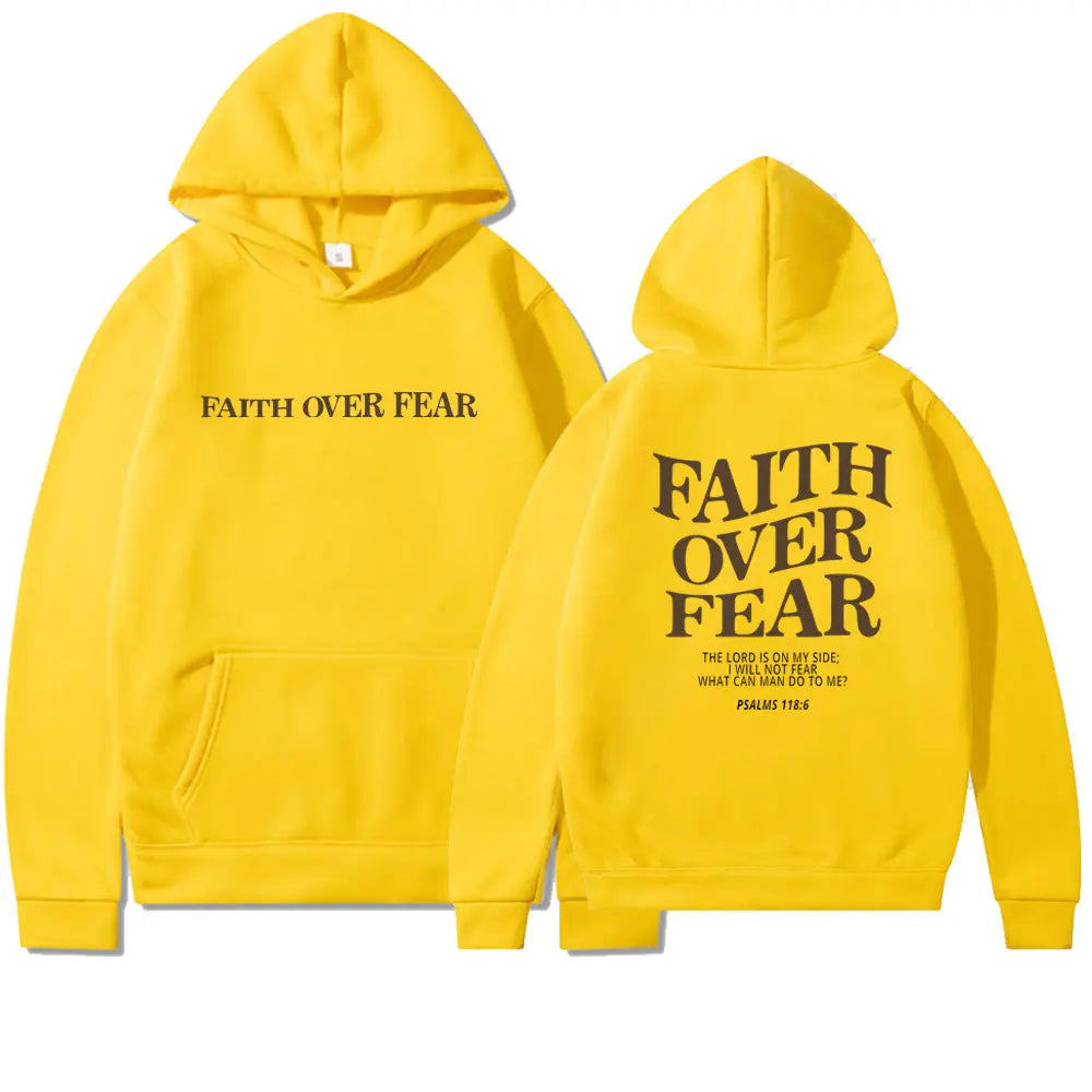 Black Faith Over Fear hoodie from My Store featuring bold white lettering on the front. Casual and comfortable sweatshirt.