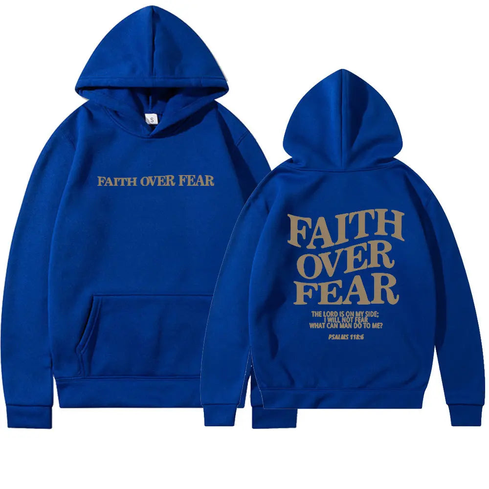 Black Faith Over Fear hoodie by My Store, soft fabric with bold white lettering, casual fit for comfort and style.
